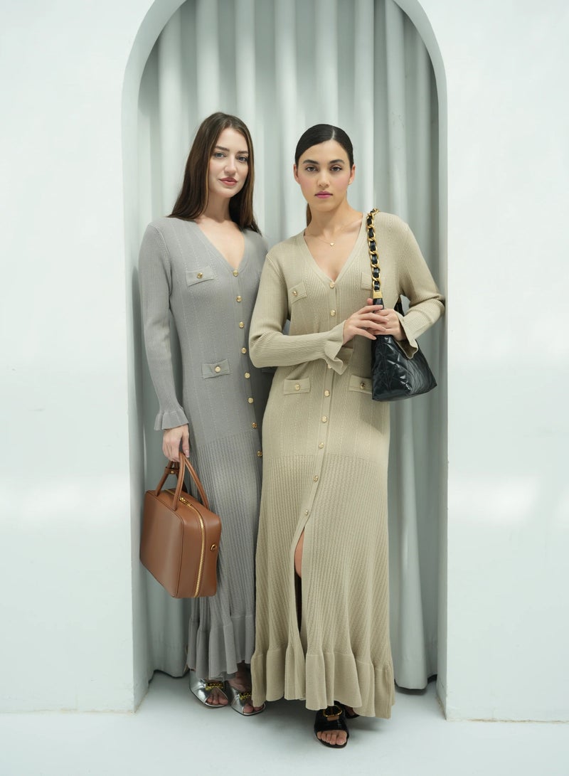 Andy 2330 | Elegant Button-Down Ribbed Knit Maxi Dress with Flared Cuffs and Ruffle Hem - Stylish and Comfortable | Grayish Brown - Image 5