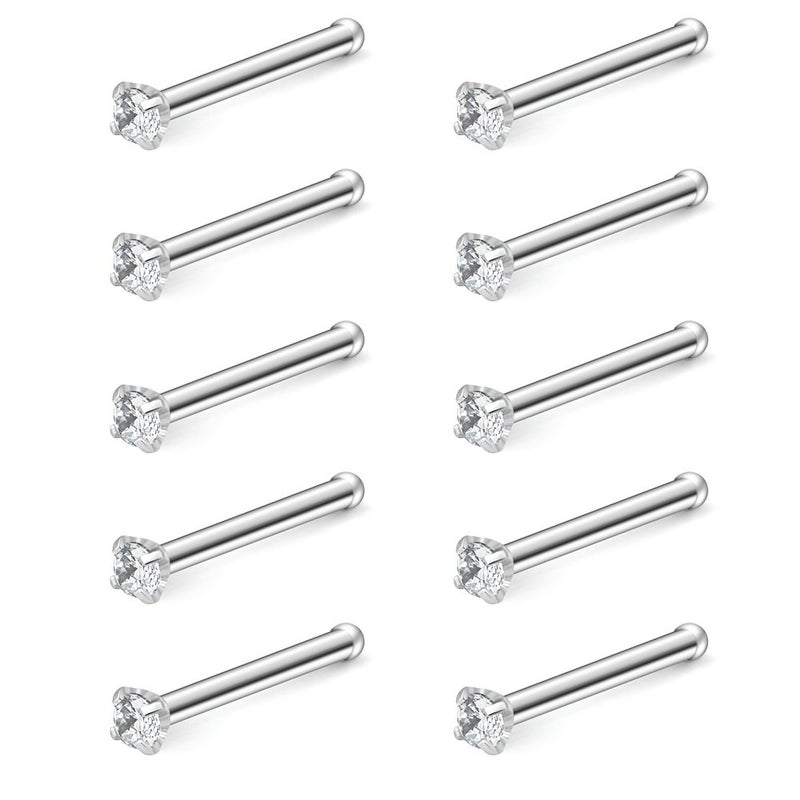 Ruifan 10PCS 20G Surgical Steel Clear Diamond CZ Nose Stud Rings Bone Pin Piercing Jewelry 1.5mm - Image 1