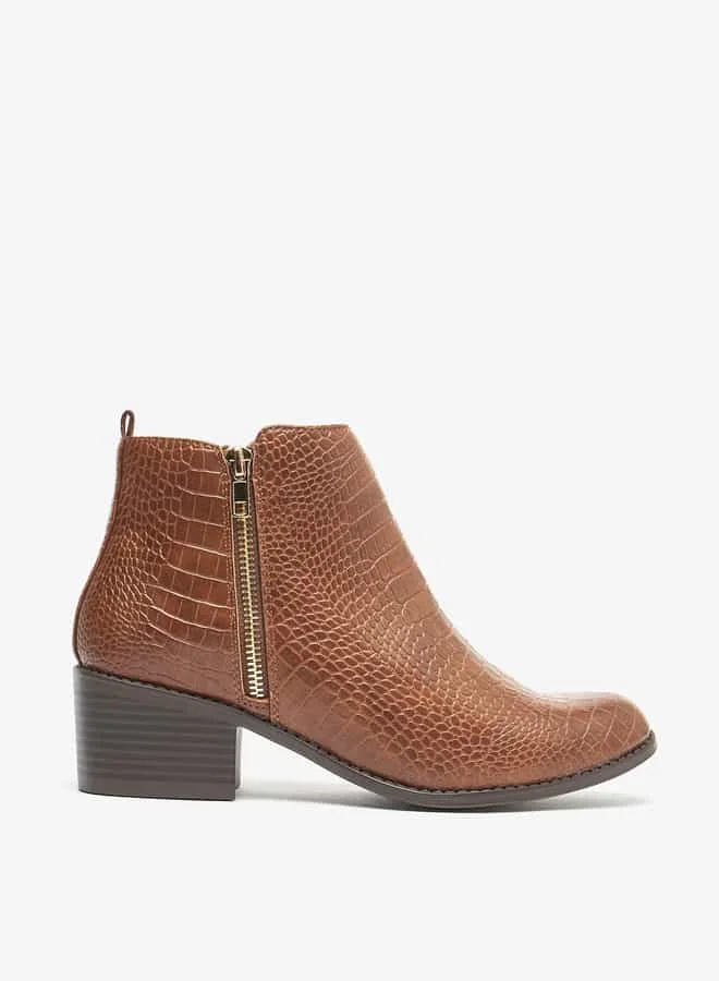 Flora Bella By Shoexpress Women Textured Ankle Boots with Zip Closure and Block Heels