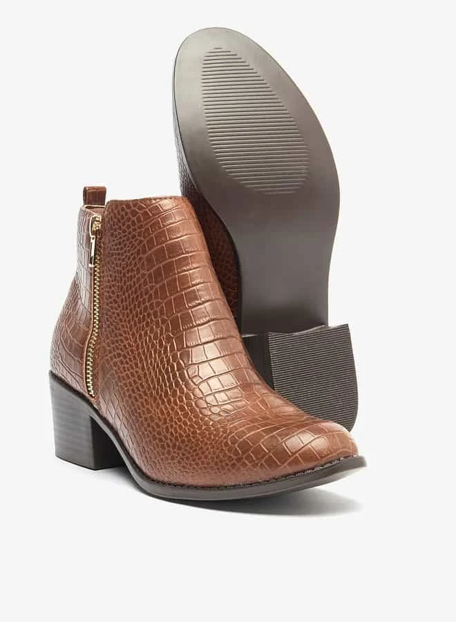 Flora Bella By Shoexpress Women Textured Ankle Boots with Zip Closure and Block Heels