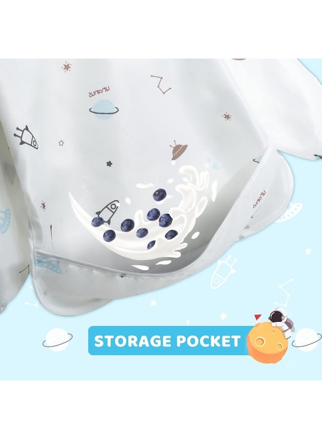 Little Dimsum Mess-Proof Baby Bibs|Infant Toddler Long Sleeve Waterproof Feeding Art Smock|Catching Food & Wipe Clean|Pack of 2 Colors Glatic&spaceship - Image 3