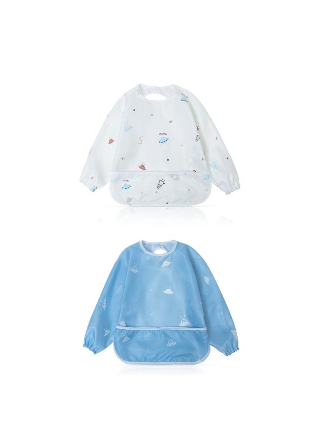 Little Dimsum Mess-Proof Baby Bibs|Infant Toddler Long Sleeve Waterproof Feeding Art Smock|Catching Food & Wipe Clean|Pack of 2 Colors Glatic&spaceship - Image 1