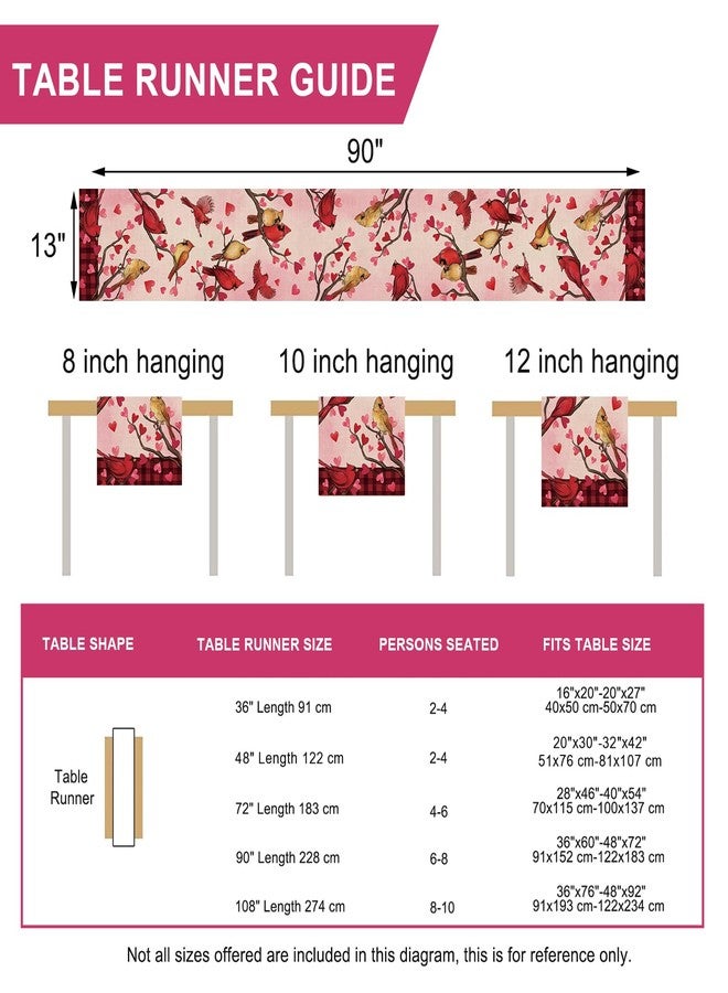 Seliem Valentine's Cardinal Birds Table Runner, Red Pink Love Heart Branches Plaid Kitchen Dining Table Decor, Anniversary Wedding Holiday Home Decoration Indoor Outdoor Party Supply 13x90 Inches - Image 2
