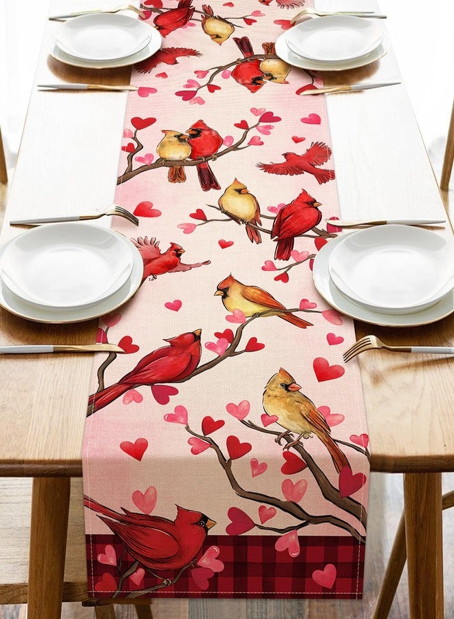 Seliem Valentine's Cardinal Birds Table Runner, Red Pink Love Heart Branches Plaid Kitchen Dining Table Decor, Anniversary Wedding Holiday Home Decoration Indoor Outdoor Party Supply 13x90 Inches - Image 1
