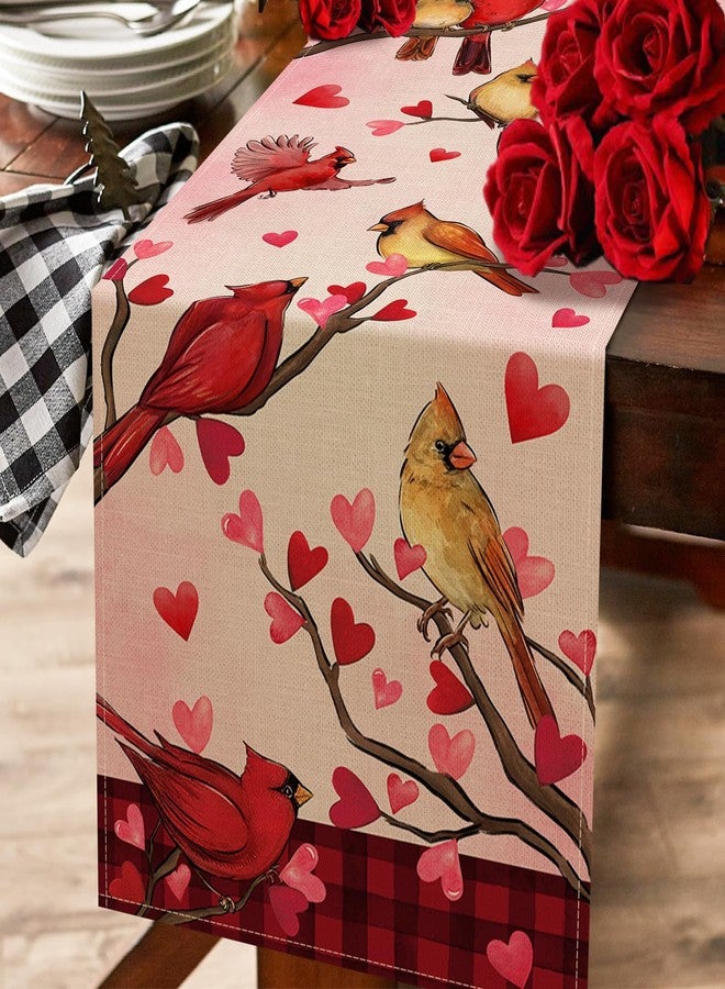 Seliem Valentine's Cardinal Birds Table Runner, Red Pink Love Heart Branches Plaid Kitchen Dining Table Decor, Anniversary Wedding Holiday Home Decoration Indoor Outdoor Party Supply 13x90 Inches - Image 5