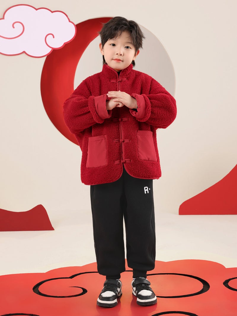 Boys' Red Cotton-Padded New Year Outfit Children'S Lamb Wool Jacket Winter Thickened Cotton Coat - Image 4