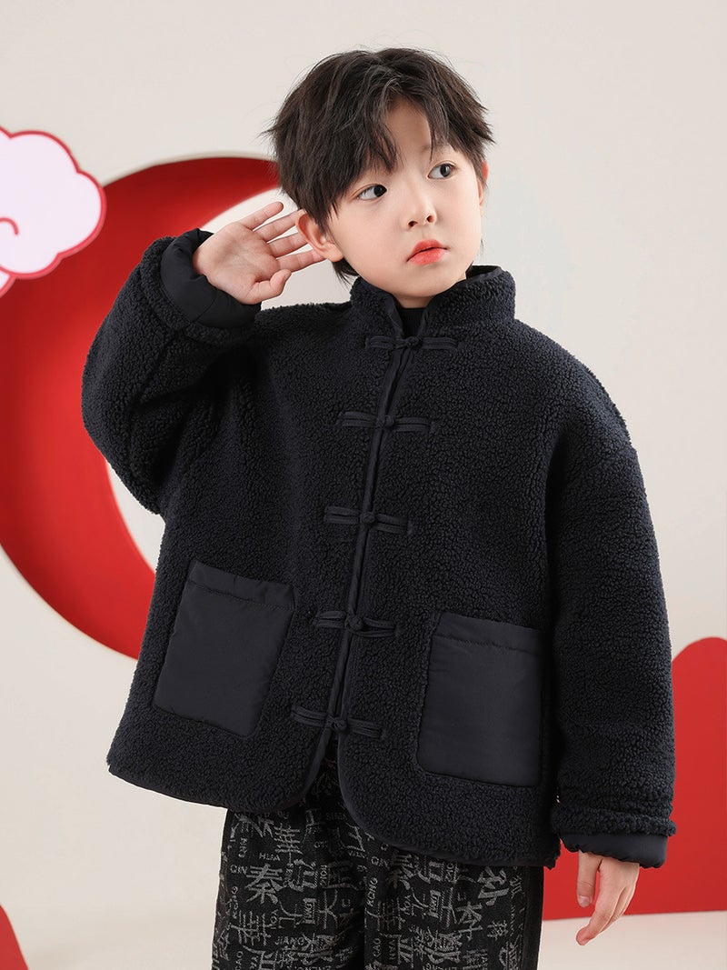 Boys' Red Cotton-Padded New Year Outfit Children'S Lamb Wool Jacket Winter Thickened Cotton Coat - Image 5