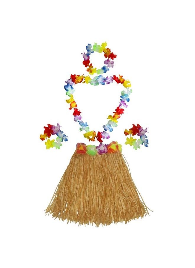 Fortuning's JDS - 40Cm Performance Grass Skirt With Flowers Bracelets Headband Necklace Hula Set Gold - Image 1
