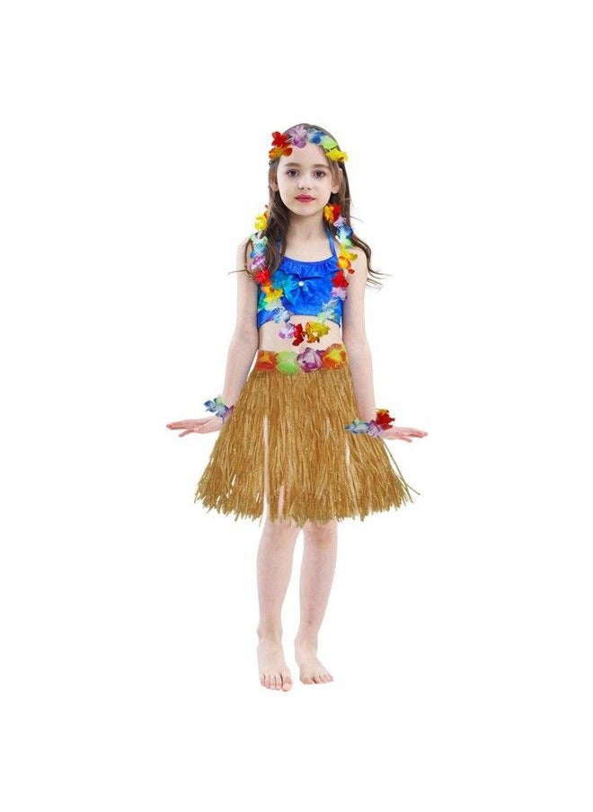 Fortuning's JDS - 40Cm Performance Grass Skirt With Flowers Bracelets Headband Necklace Hula Set Gold - Image 1
