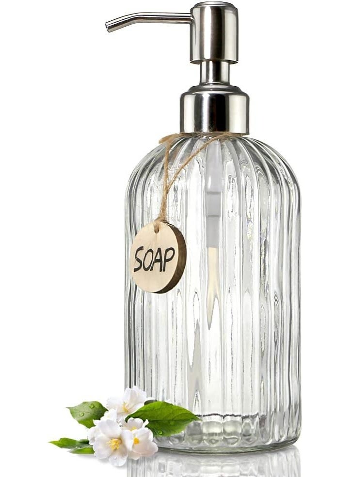 صن سباير 18 أونصة (حوالي 510.3 جم) موزع صابون زجاجي شفاف ، مضخة من الفولاذ المقاوم للصدأ مقاومة للصدأ ، موزع معقم يدين سائل قابل لإعادة التعبئة ، موزع صابون مطبخ فاخر (شفاف) - Image 1