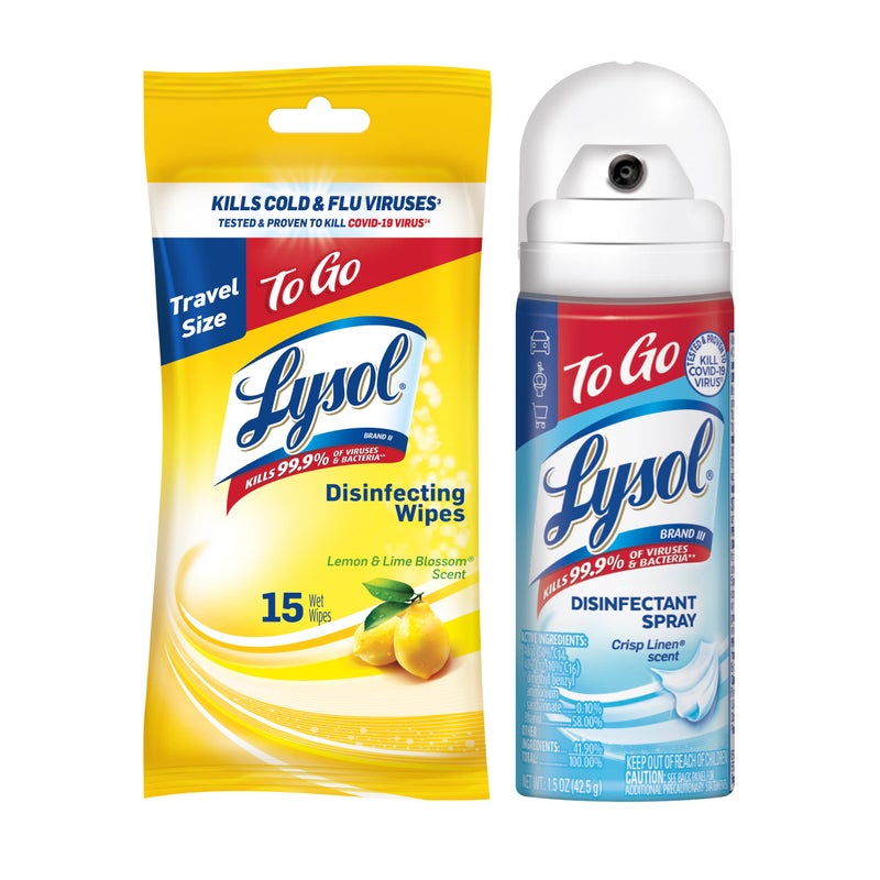 Lysol حزمة ليسول للسفر - 1.5 أونصة رذاذ مطهر برائحة الكتان المنعش ومناديل مطهرة بنكهة الليمون والليمون الحامض (15 قطعة) - Image 1