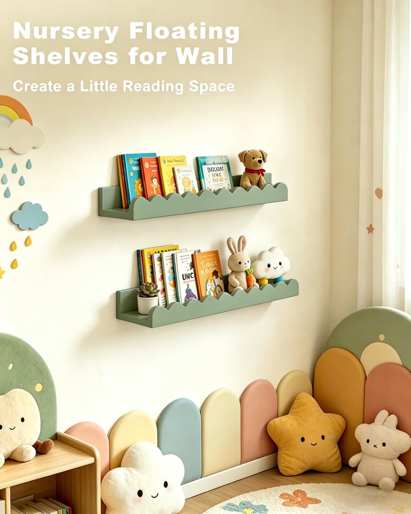 icnjdMopclean Nursery Book Shelves 20Inches, Scalloped Floating Shelves for Bedroom Kids, Nursery Shelves for Wall 2 Pack, Scalloped Shelf for Toddler Room, Baby Room, Sage, Large - Image 4