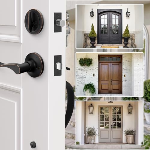 Haidms Oil-Rubbed Bronze Front Door Handle and Deadbolt Set, Front Door Lock Set, Entry Door Locksets with Deadbolt Single Cylinder, Exterior Door Handle with Reversible Handle Lever - Image 5