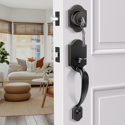 Haidms Oil-Rubbed Bronze Front Door Handle and Deadbolt Set, Front Door Lock Set, Entry Door Locksets with Deadbolt Single Cylinder, Exterior Door Handle with Reversible Handle Lever - Image 2