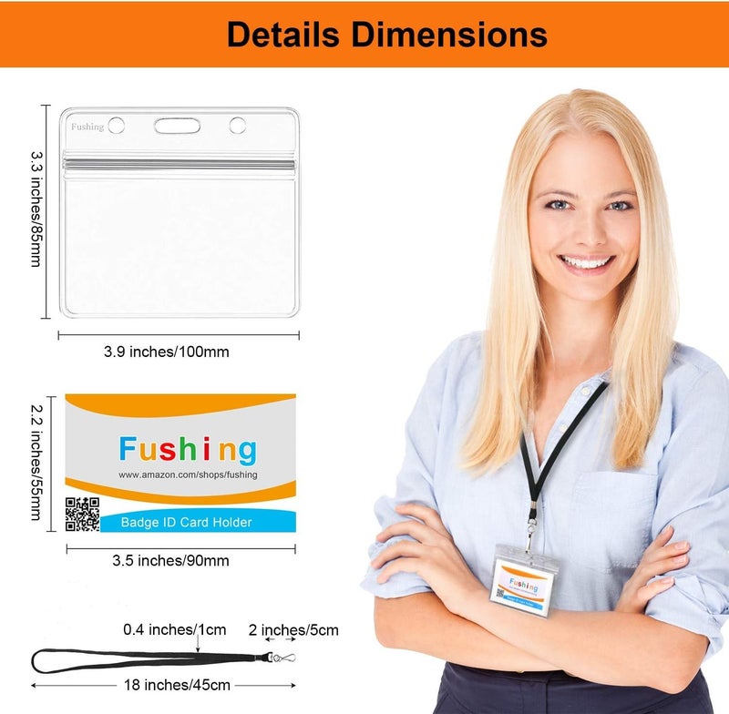 Fushing 50Pcs Clear Plastic Horizontal Name Tags Badge ID Card Holders and 50Pcs Flat Neck Lanyards with Swivel Hook - Image 2