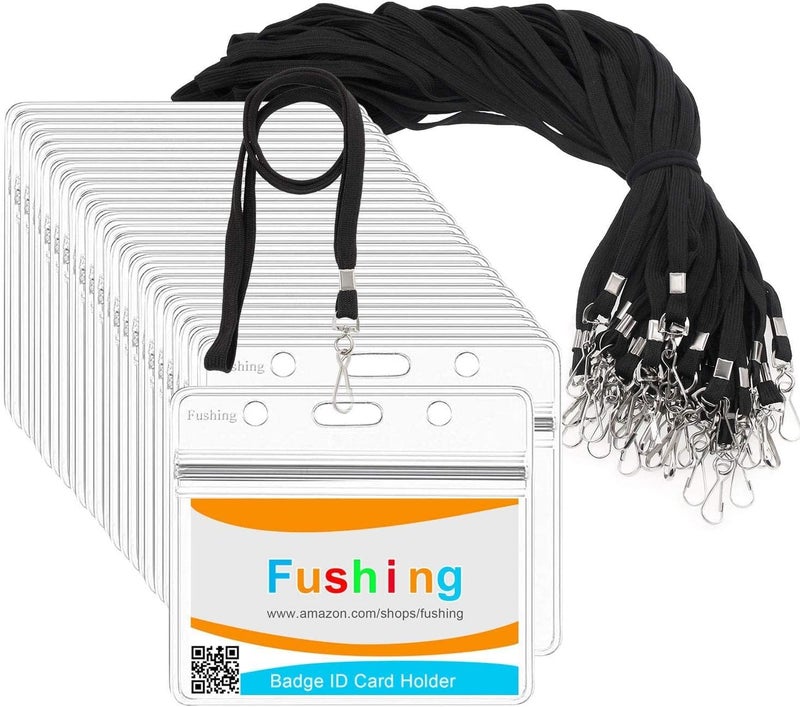 Fushing 50Pcs Clear Plastic Horizontal Name Tags Badge ID Card Holders and 50Pcs Flat Neck Lanyards with Swivel Hook - Image 1