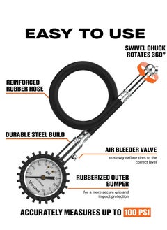 SYOSI Tire Gauge - (0-100 PSI) Heavy Duty Tire Pressure Gauge. Certified ANSI Accurate with LLarge Easy to Read Glow Dial, Low to High Air Pressure Tire Gauge for RV, Bicycles, Cars, Trucks  - Image 4