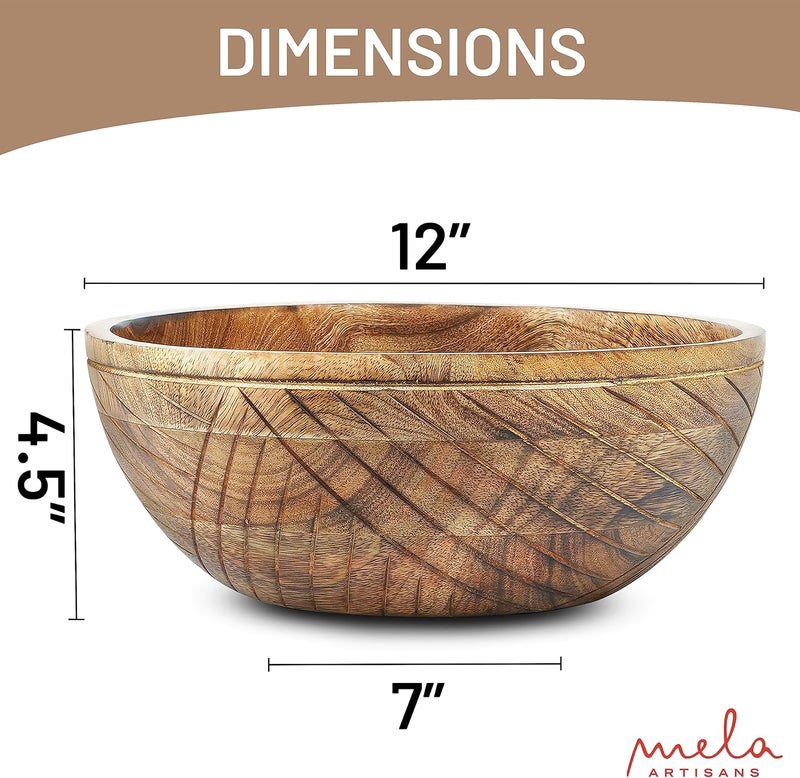 Mela Artisans 12 Wooden Fruit Bowl Large Serving Bowl for Salads Cereals Snacks  Mixing  Decorative Bowls for Kitchen  Jai Valley Collection - Image 2