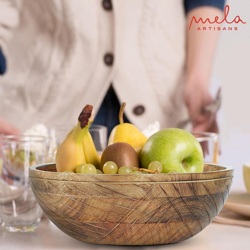 Mela Artisans 12 Wooden Fruit Bowl Large Serving Bowl for Salads Cereals Snacks  Mixing  Decorative Bowls for Kitchen  Jai Valley Collection - Image 4