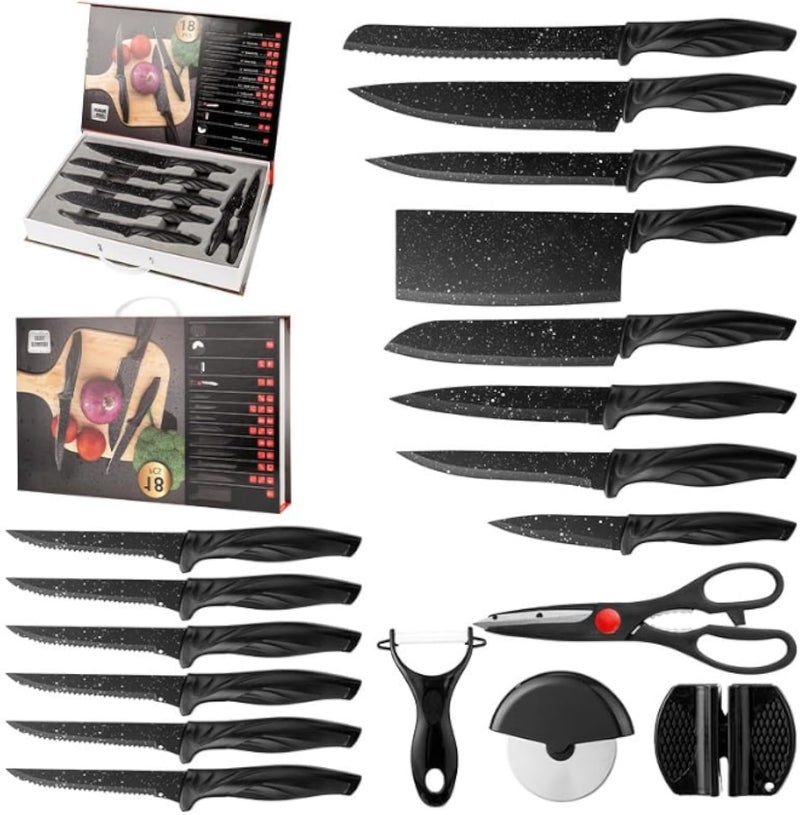 High Quality Sharp 18 Pieces Kitchen Knife Set with Holder, High Carbon Stainless Steel, Silver, Modern Block Set, Includes Bread Knife, Carving Knife, Utility Knife, Paring Knife