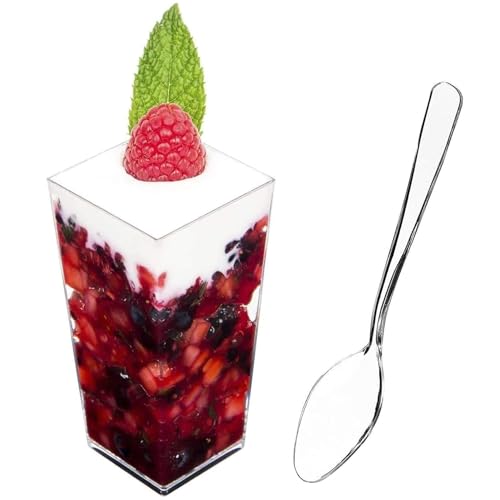DLux 100 x 3 oz Mini Dessert Cups with Spoons Square Tall  Clear Plastic Parfait Appetizer Cup  Small Reusable Serving Bowl for Party Desserts Appetizers  with Recipe Ebook