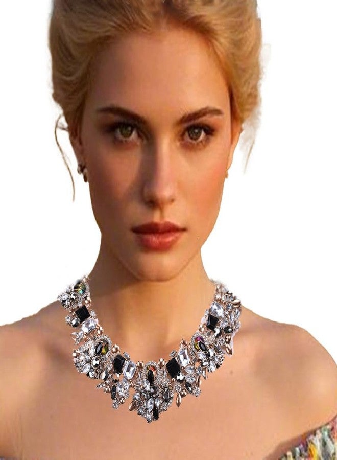 Zthread Rhinestone Bib Statement Necklace Vintage Chunky Chain Choker Collar Necklace Crystal Beads Women Costume Fashion Jewelry Necklace (Black+White) - Image 3