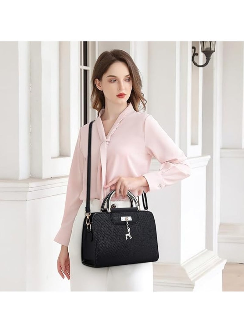 Huitich Elegant Women’s Handbag 26x11x20 cm PU Leather Satchel with Deer Charm, Black - Image 5