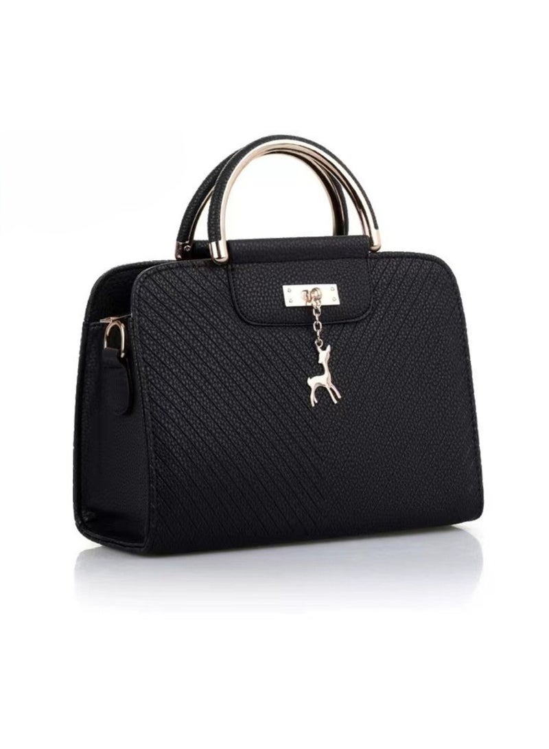 Huitich Elegant Women’s Handbag 26x11x20 cm PU Leather Satchel with Deer Charm, Black - Image 1