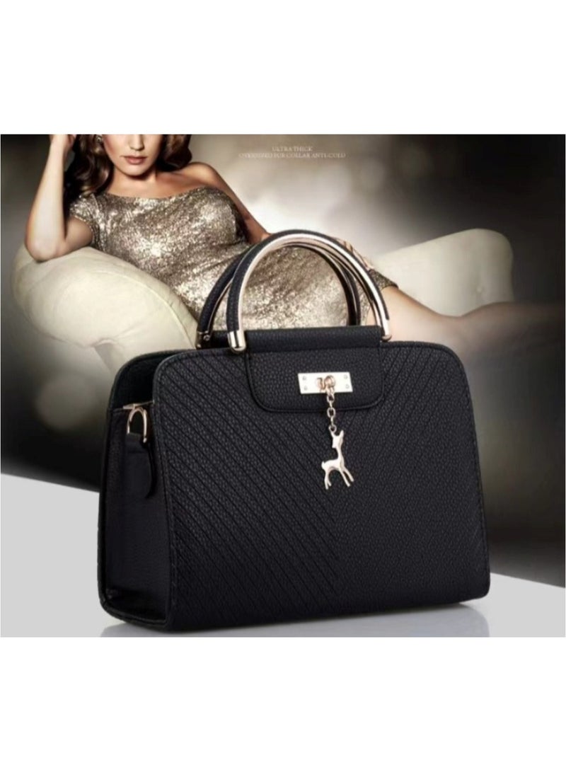 Huitich Elegant Women’s Handbag 26x11x20 cm PU Leather Satchel with Deer Charm, Black - Image 2