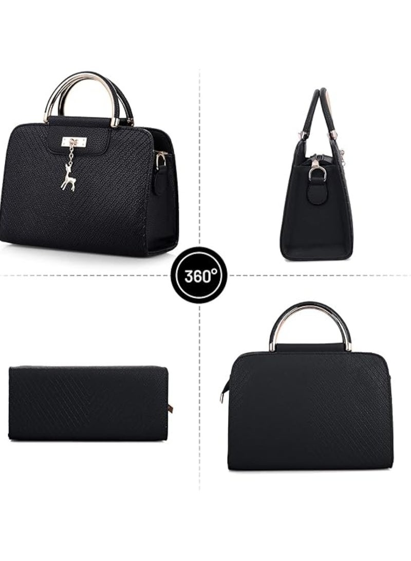 Huitich Elegant Women’s Handbag 26x11x20 cm PU Leather Satchel with Deer Charm, Black - Image 3