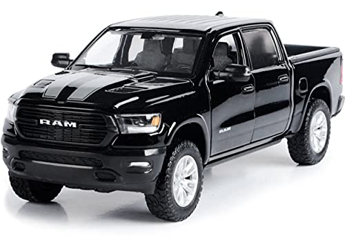 Motormax Toy 2019 RAM 1500 Laramie Crew Cab Pickup Truck Black with Silver Stripes 1/24 Diecast Model Car by Motormax 79357, 79357BK-S - Image 1