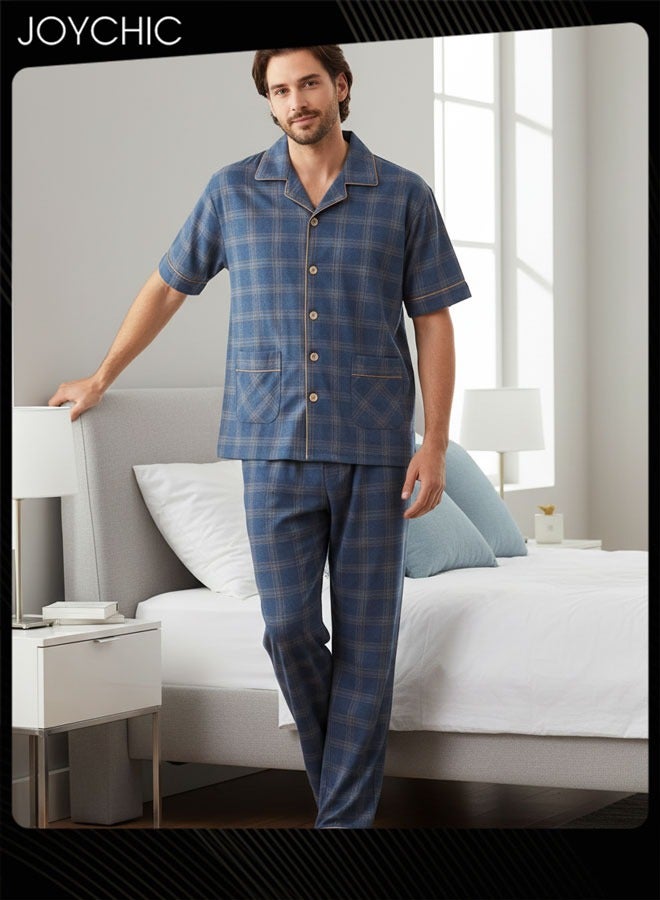 Joychic طقم بيجامة للرجال من قطعتين قطن نقي صديق للبشرة بأكمام قصيرة وسروال فضفاض للشباب ملابس نوم منزلية تنفسية سترة داكنة زرقاء لفصل الربيع والصيف والخريف - Image 1