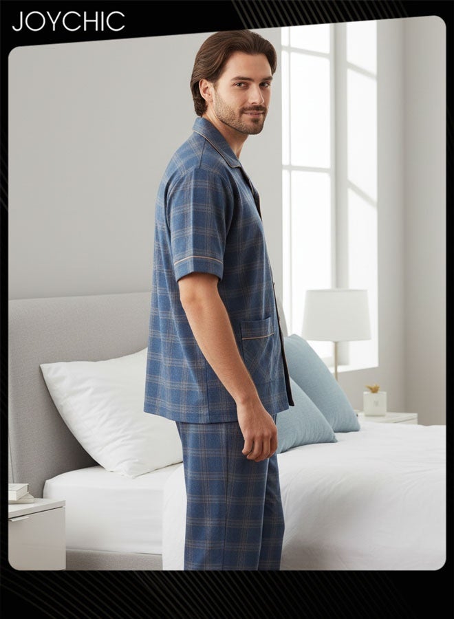 Joychic طقم بيجامة للرجال من قطعتين قطن نقي صديق للبشرة بأكمام قصيرة وسروال فضفاض للشباب ملابس نوم منزلية تنفسية سترة داكنة زرقاء لفصل الربيع والصيف والخريف - Image 2