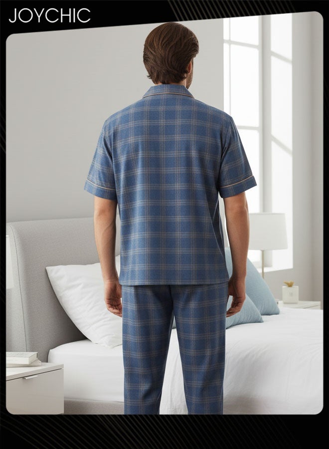 Joychic طقم بيجامة للرجال من قطعتين قطن نقي صديق للبشرة بأكمام قصيرة وسروال فضفاض للشباب ملابس نوم منزلية تنفسية سترة داكنة زرقاء لفصل الربيع والصيف والخريف - Image 3