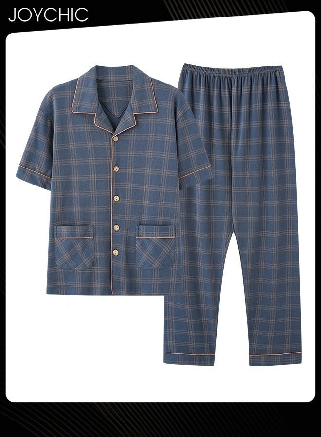 Joychic طقم بيجامة للرجال من قطعتين قطن نقي صديق للبشرة بأكمام قصيرة وسروال فضفاض للشباب ملابس نوم منزلية تنفسية سترة داكنة زرقاء لفصل الربيع والصيف والخريف - Image 4