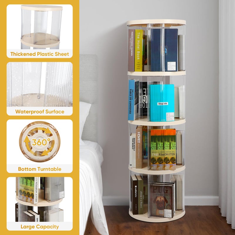 FAHKNS 4 Tier Rotating Bookshelf,360Â° Revolving Bookcase Tower,Clear Acrylic Round Book Shelf for Small Space,Suitable for Spinning Bookshelf Tower in Bedroom, Living Loom, Office - Image 2