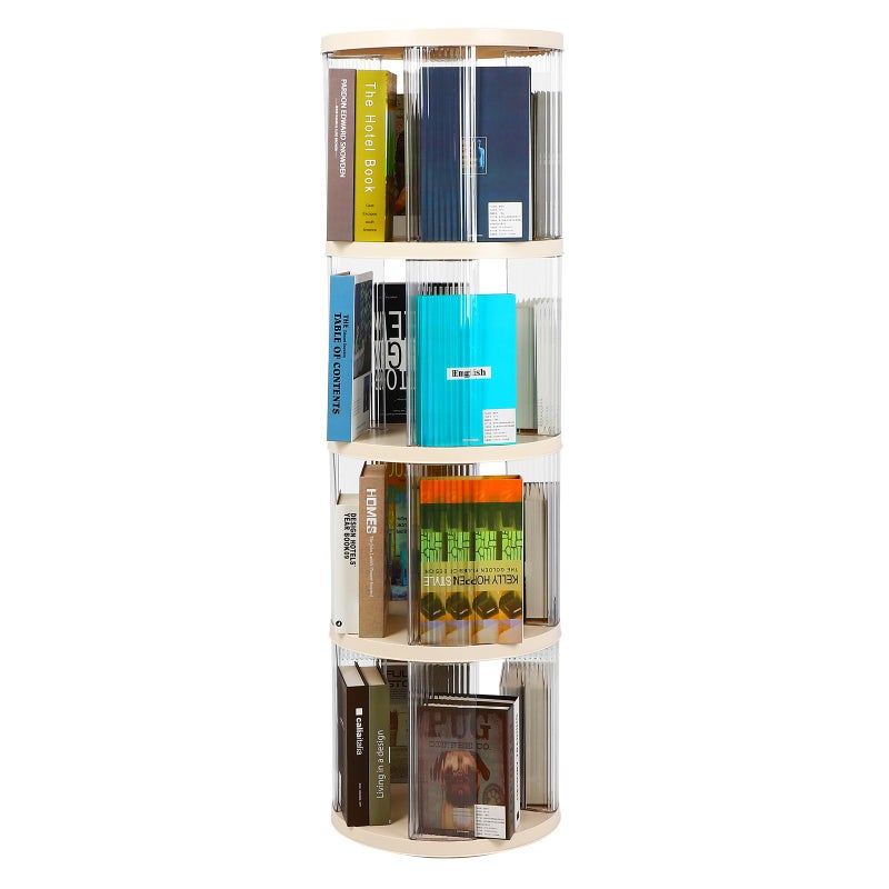 FAHKNS 4 Tier Rotating Bookshelf,360Â° Revolving Bookcase Tower,Clear Acrylic Round Book Shelf for Small Space,Suitable for Spinning Bookshelf Tower in Bedroom, Living Loom, Office - Image 1
