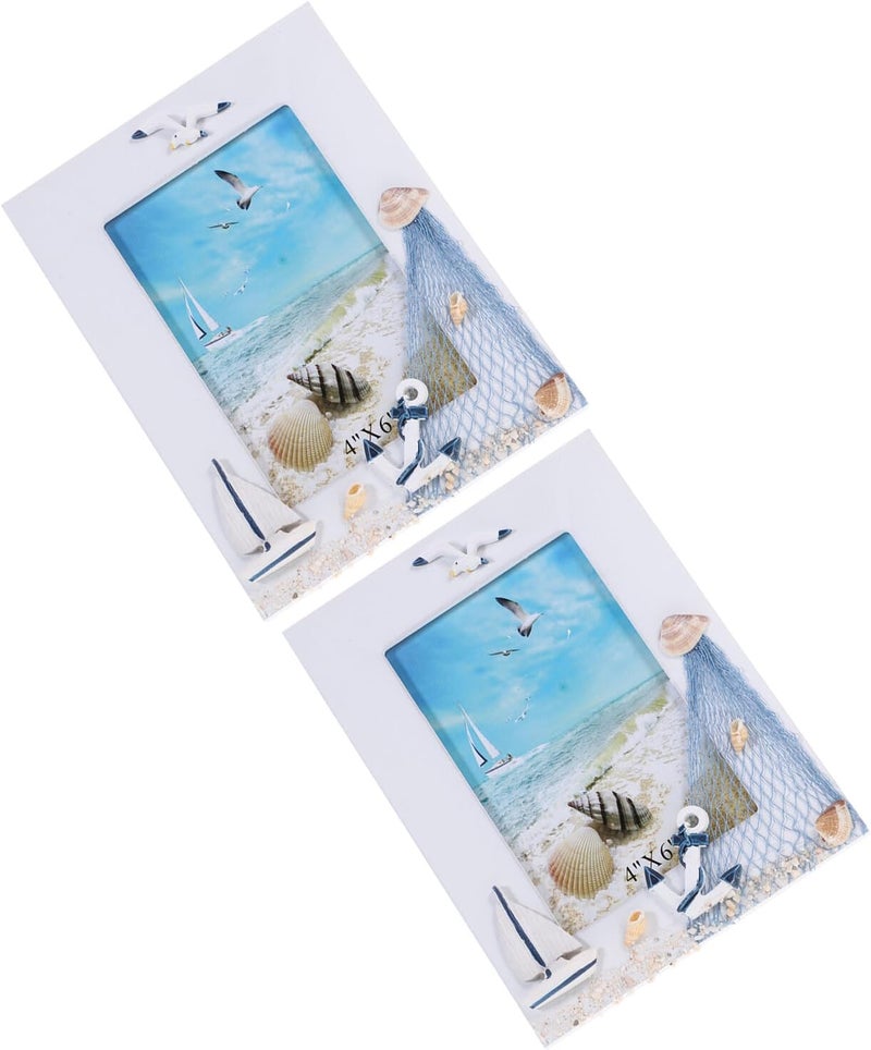 2pcs Retro Wooden Photo Frames Coastal Ocean Theme Tabletop Picture Holders Blue Mediterranean Style Family Desk Display - Image 1