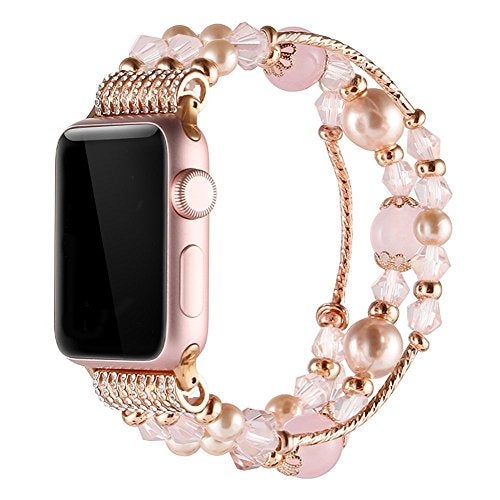 Simpeak Beaded Bracelet Band Compatible with Apple Watch Series 11/10 (42mm) 9/8/7(41mm) 6/SE/5/4 (40mm) 3/2/1(42mm), Women Fashion Elastic Bracelet Stretch Strap Compatible with iWatch 11 42mm, Pink - Image 1
