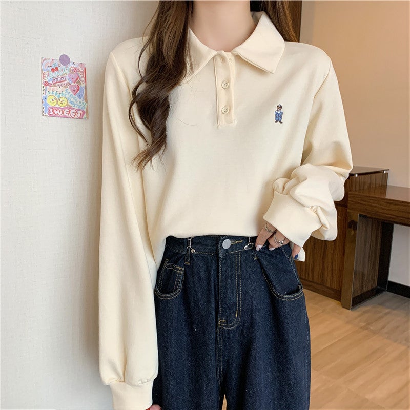 Cross-border Polo Collar Sweatshirt Womens 2021 Spring and Autumn Thin Loose Korean-style Harajuku Hong Kong-style High Waist Short Top for Hair Grey  - Image 3