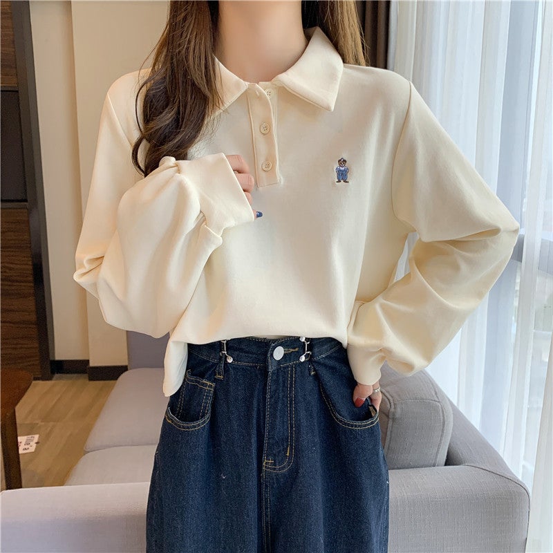 Cross-border Polo Collar Sweatshirt Womens 2021 Spring and Autumn Thin Loose Korean-style Harajuku Hong Kong-style High Waist Short Top for Hair Grey  - Image 4