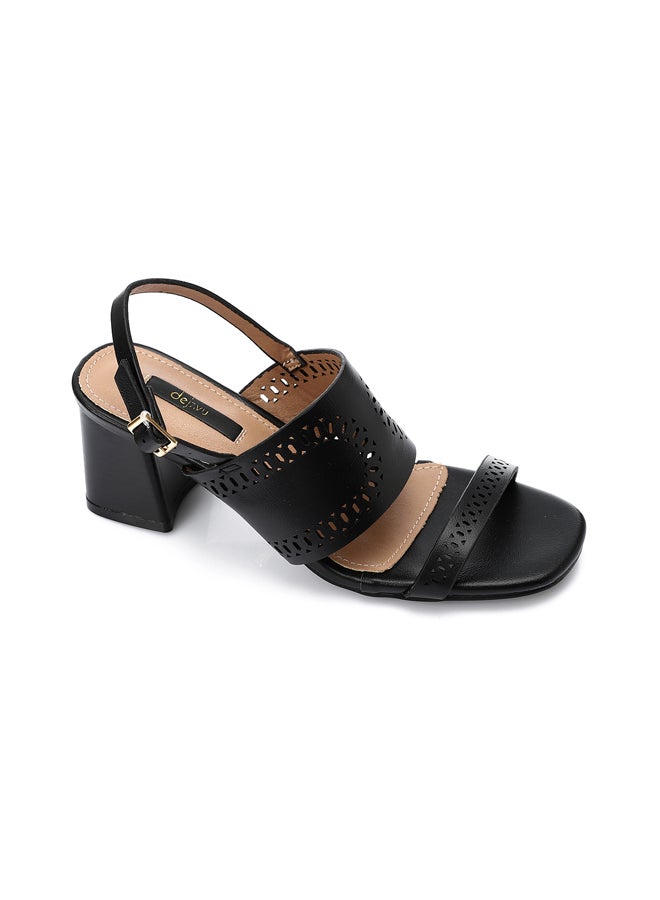 Buckle Closure Perforated Heeled Sandals - Black