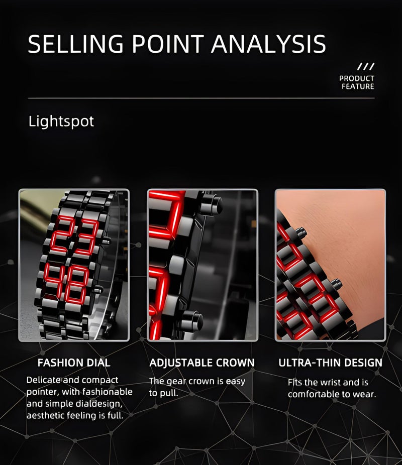 MASTOP ساعة معصم رقمية كاملة من المعدن للرجال مع شاشة LED هدايا للذكور والإناث ساعة رياضية إبداعية (أسود أحمر) - Image 5