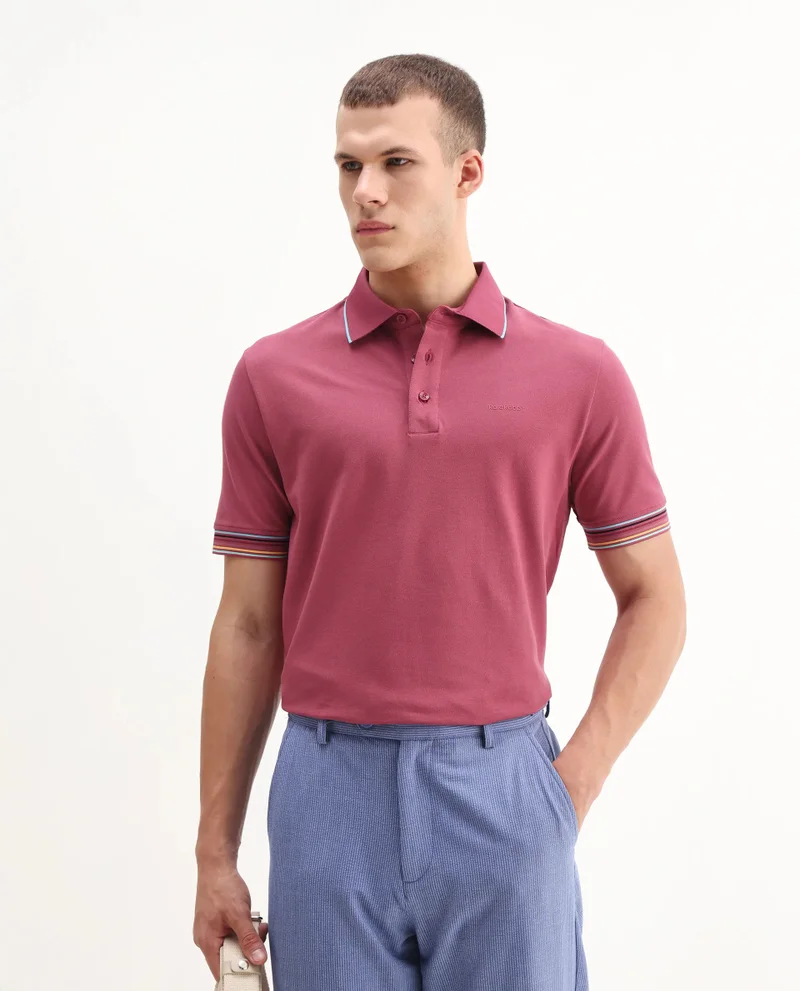 Rare Rabbit Rare Rabbit Men's Carter Pink Cotton Fabric Half Sleeve Spread Collar Regular Fit Plain Polo