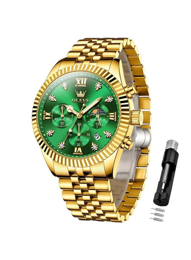 أوليفز ساعة OLEVS للرجال بعقارب كوارتز من الفولاذ المقاوم للصدأ مع تقويم طور القمر وكرونوغراف وساعة ألماس مقاومة للماء وساعة يد مضيئة بلونين وذهب أخضر - Image 1