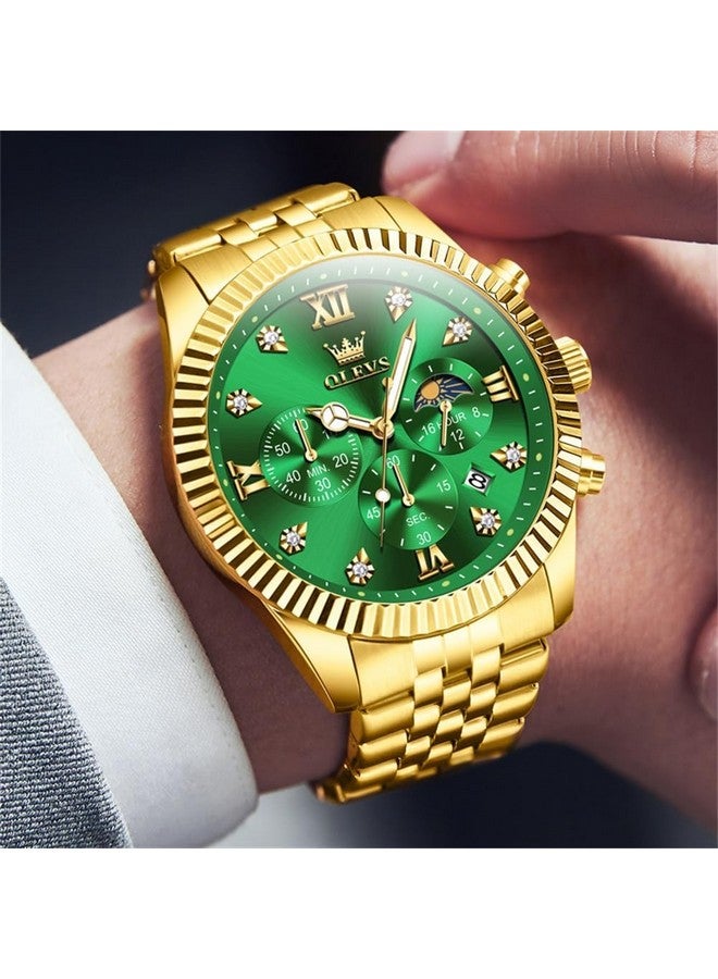 أوليفز ساعة OLEVS للرجال بعقارب كوارتز من الفولاذ المقاوم للصدأ مع تقويم طور القمر وكرونوغراف وساعة ألماس مقاومة للماء وساعة يد مضيئة بلونين وذهب أخضر - Image 3