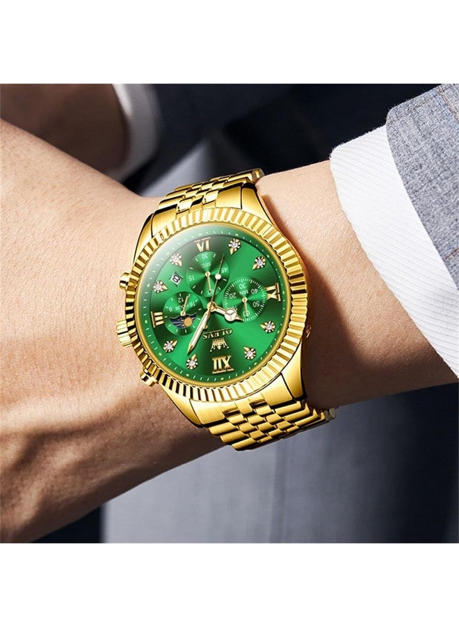 أوليفز ساعة OLEVS للرجال بعقارب كوارتز من الفولاذ المقاوم للصدأ مع تقويم طور القمر وكرونوغراف وساعة ألماس مقاومة للماء وساعة يد مضيئة بلونين وذهب أخضر - Image 5