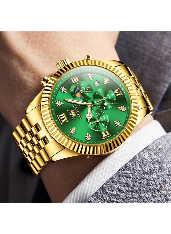 أوليفز ساعة OLEVS للرجال بعقارب كوارتز من الفولاذ المقاوم للصدأ مع تقويم طور القمر وكرونوغراف وساعة ألماس مقاومة للماء وساعة يد مضيئة بلونين وذهب أخضر - Image 4