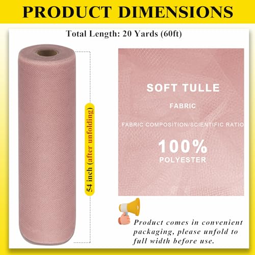 Ableme Deco 54" by 20 Yards Tulle Fabric Rolls Tulle Ribbon Tutu Spool Bolt for DIY Wedding Decoration Baby Shower Tutu Skirt Gift Wrapping Large Matte Tulle, Roll Packaging (Dusty Rose) - Image 4