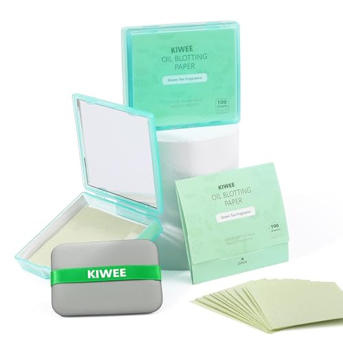 Kiwee 100Pcs Korean Face Blotting Paper for Oily Skin, Natural Linen Bloating Papers for Oily Face, Oil Absorbing Sheets for Face, with Built-in Mirror & Powder Puff Pad for Men and Women - Image 1